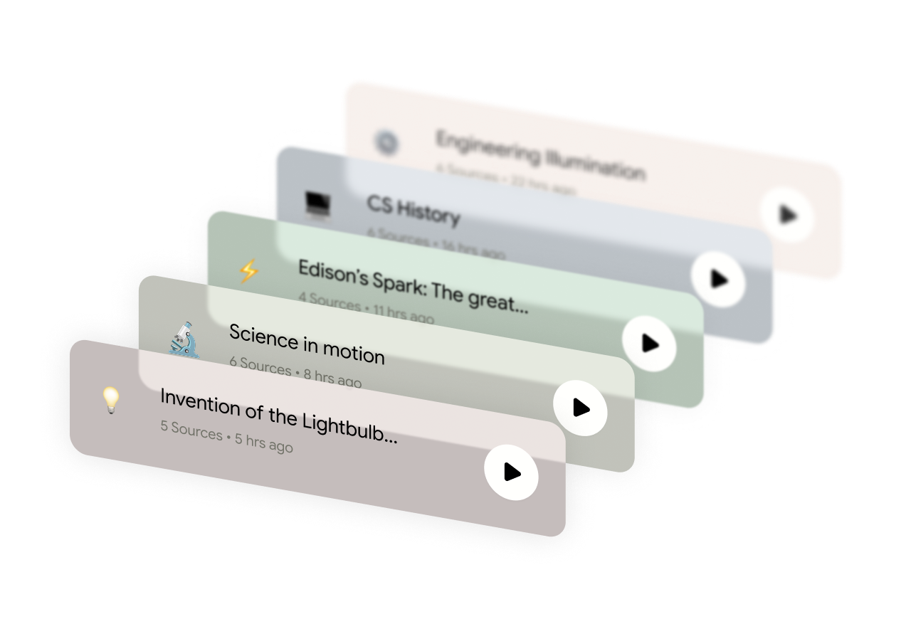 Official Google Notebook demonstration with research topics and Audio Overview playback cards